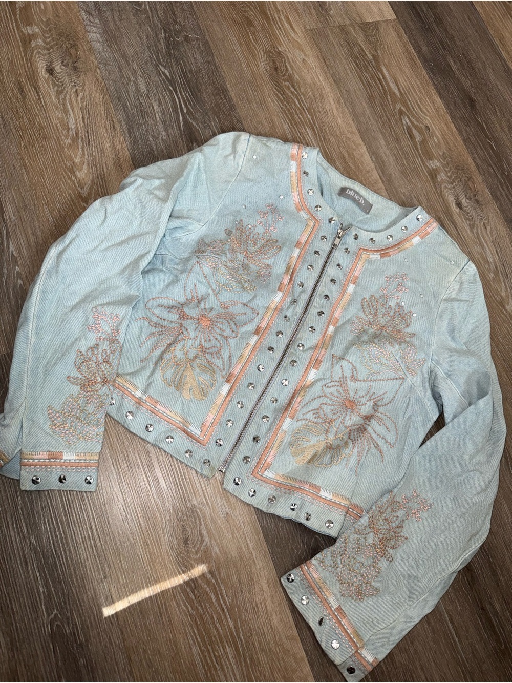 Embellished Light Blue Jean Jacket with Pink & Gold Floral Detail